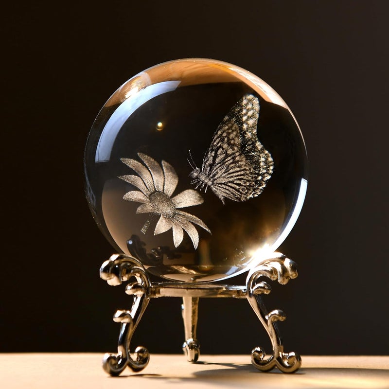 IFOLAINA 3D Butterfly Crystal Ball 60mm Gifts Ideas for Girlfriend Wife Mom Couple Her Butterfly on Sunflower in Glass Ball with Stand Flower Sphere Novelty Home Decor - Image 1